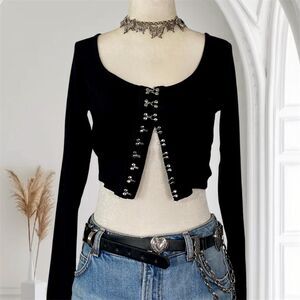 Black Cotton Silver Hook Gothic Grunge Whimsygoth Corset Crop Long Sleeve Top S